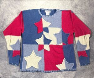 NorthStyle Women’s S Red Blue White Star Ramie Cotton Sweater Patriotic
